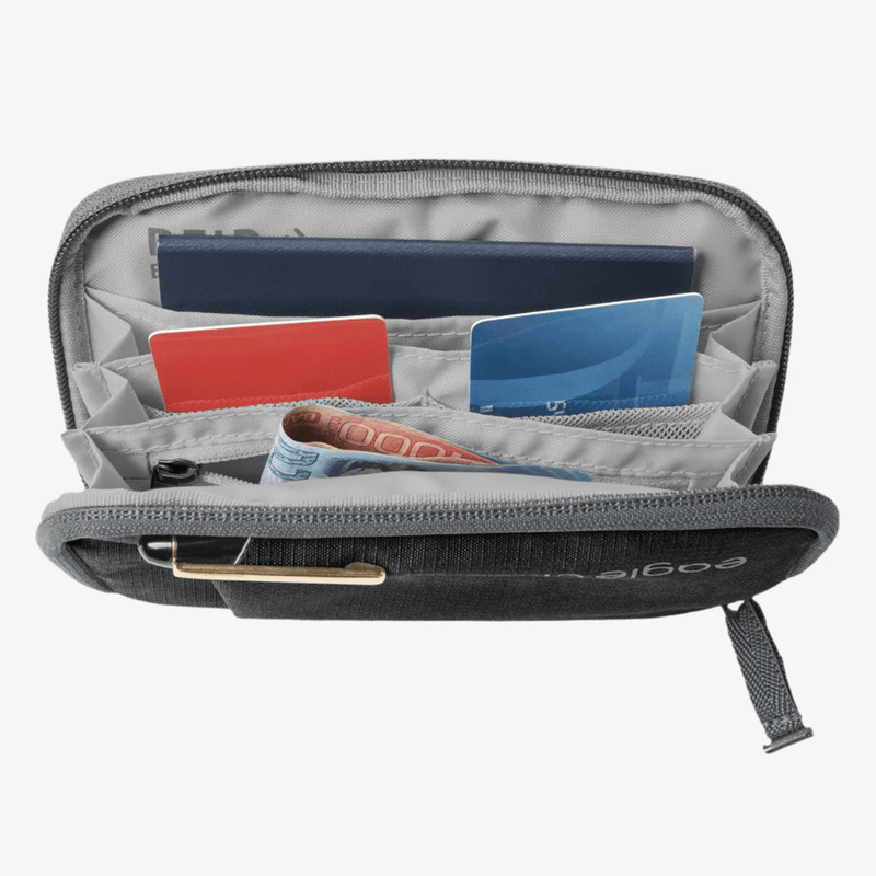 Load image into Gallery viewer, Gray travel wallet with compartments for cards and money on a white background
