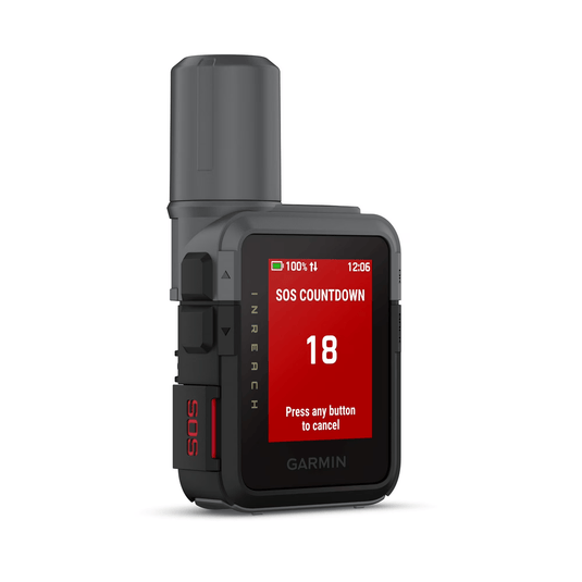 Garmin InReach device with SOS countdown on a white background