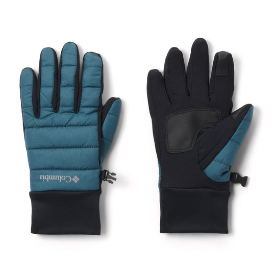 Pair of blue and black gloves with Columbia logo on a white background