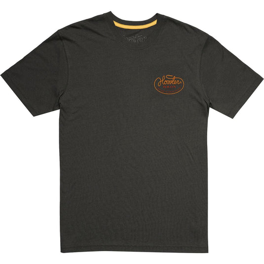 Black t-shirt with a logo on the chest against a white background