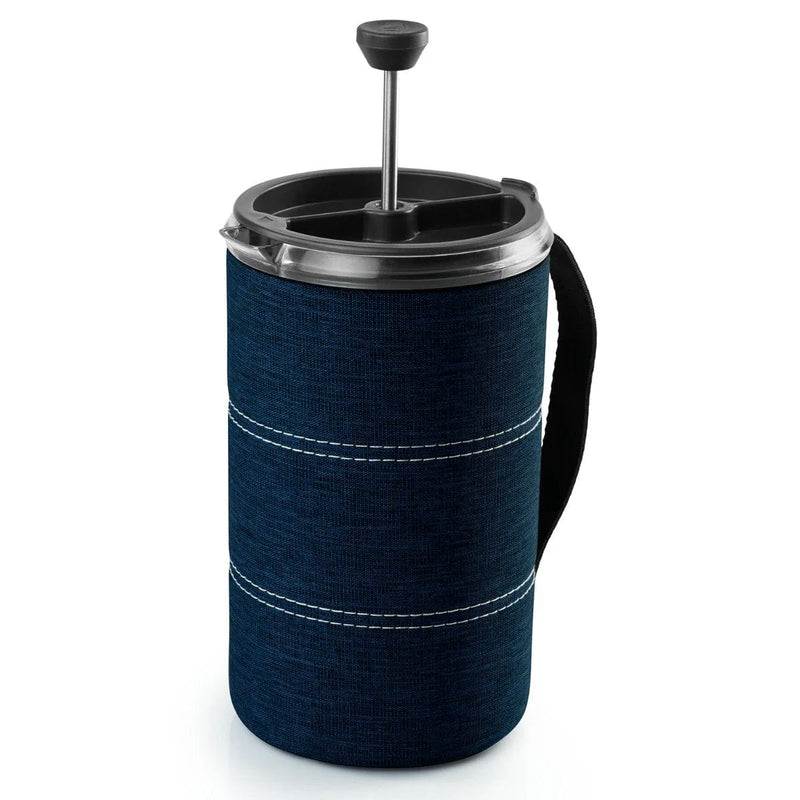 Load image into Gallery viewer, Blue fabric-covered coffee press on a white background
