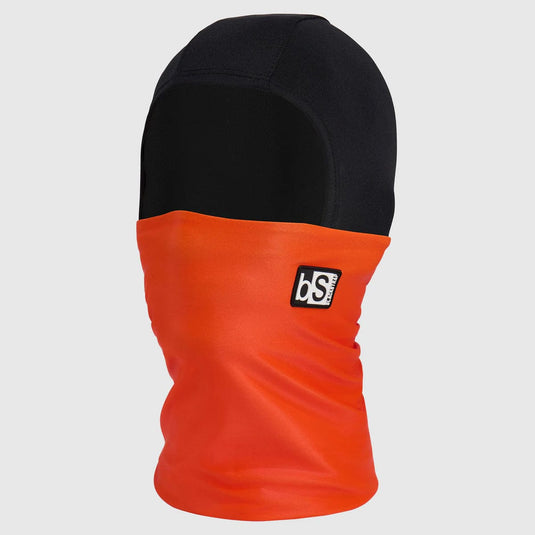 Black and orange neck gaiter with a brand logo on a light gray background