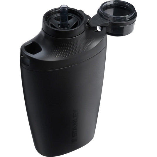 Black water bottle with a cap on a white background