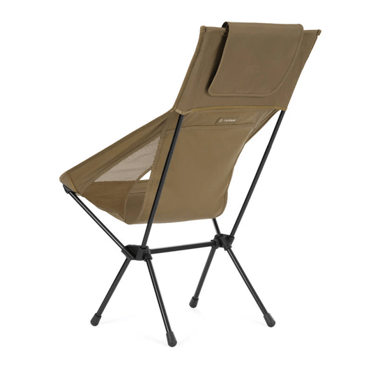 Brown camping chair with black legs on a white background