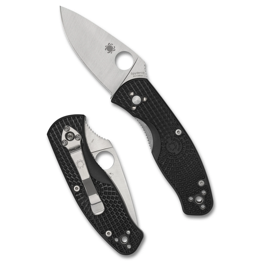 Open and closed Spyderco knife on a white background