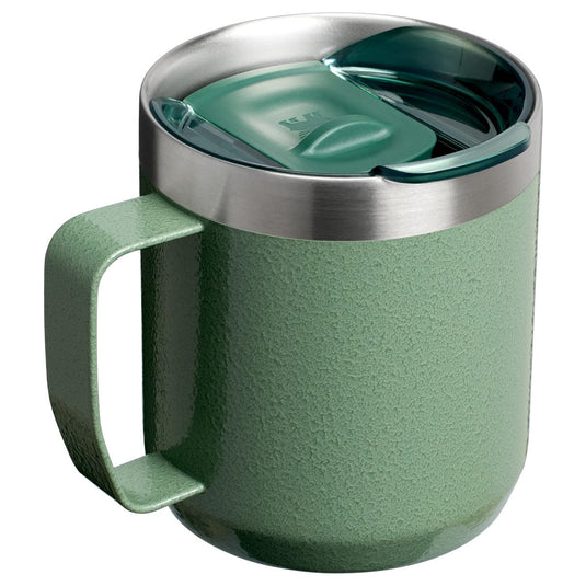 Green insulated mug with a silver lid on a white background