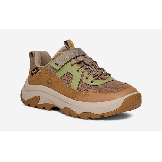 Brown and beige sneaker with green accents on a white background