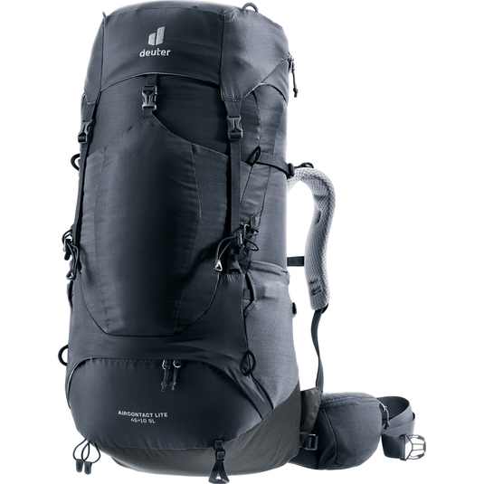 Black hiking backpack with Deuter logo on a white background