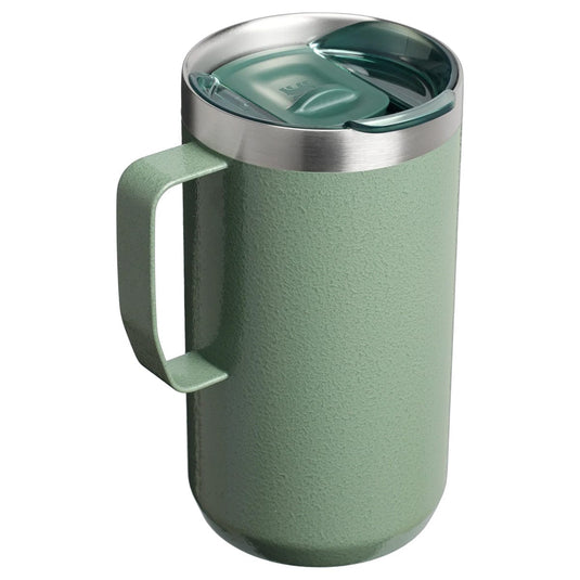 Green insulated mug with a silver lid on a white background