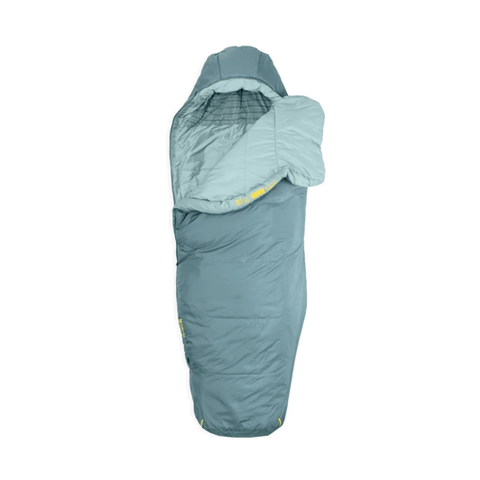 Teal sleeping bag with yellow accents on a white background