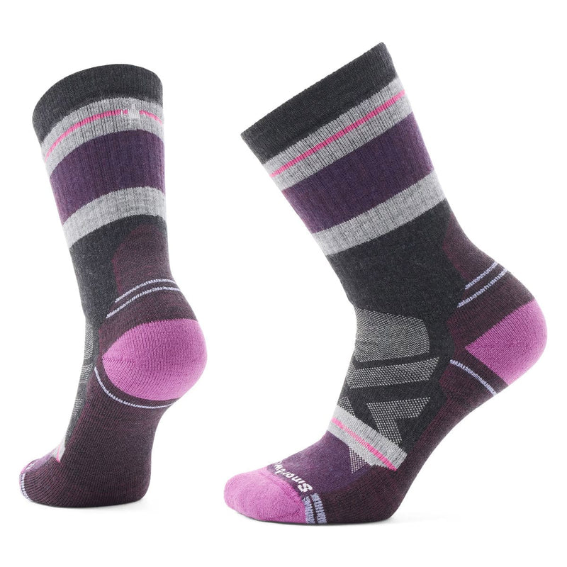 Load image into Gallery viewer, Pair of purple and gray striped socks on a white background

