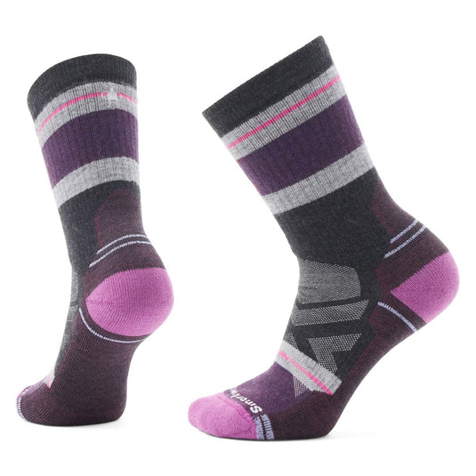 Pair of purple and gray striped socks on a white background