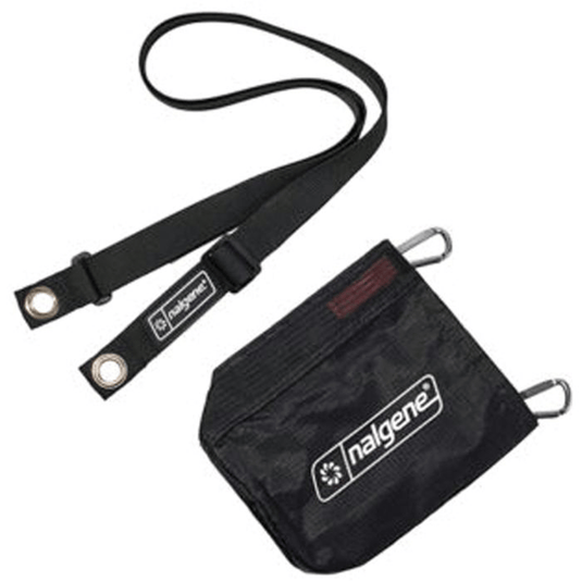 A black nylon Nalgene water bottle carrier pouch with a matching adjustable black strap and metal carabiner clips, shown on a plain white background.