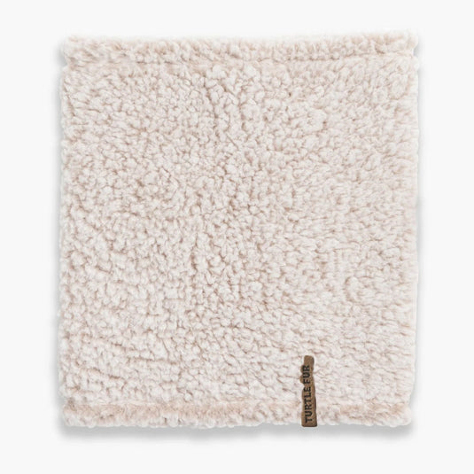 Beige textured neck gaiter with a brand tag on a white background