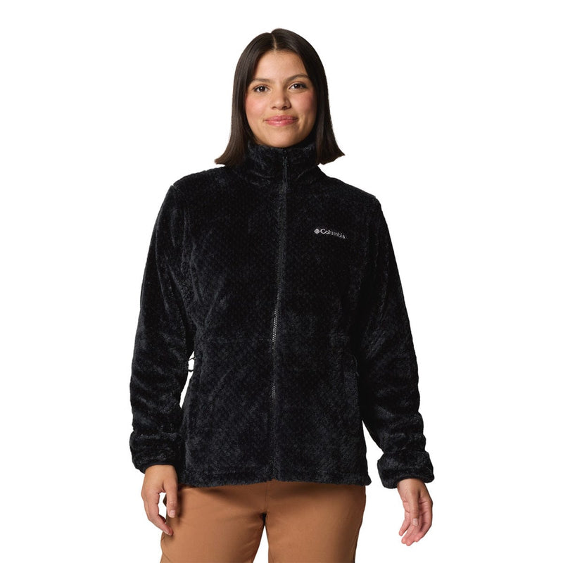 Load image into Gallery viewer, Woman wearing a black fleece jacket with Columbia logo on a white background
