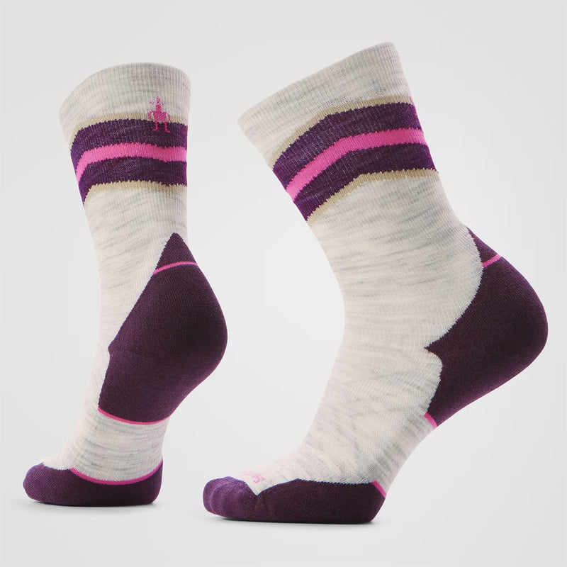 Load image into Gallery viewer, Pair of socks with purple and pink stripes on a light gray background

