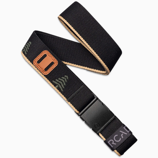Black camera strap with brown accents and visible brand logo on a white background