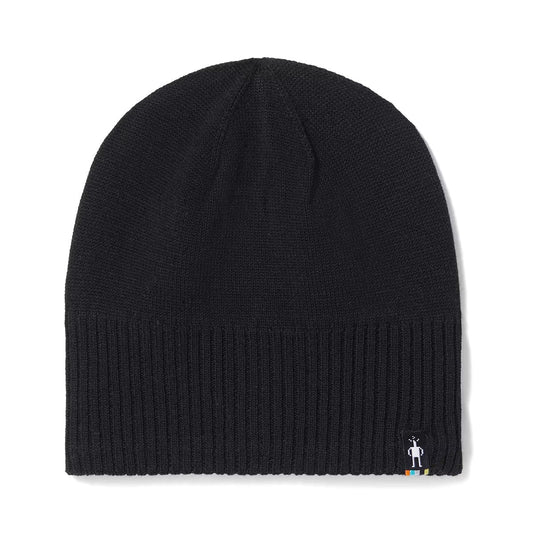 Black beanie with a brand logo on a white background