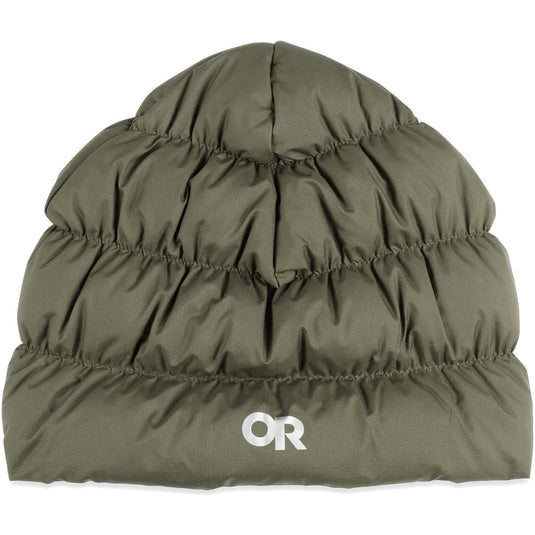 Green puffer beanie with a logo on a white background