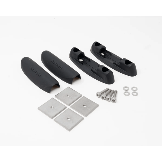 Set of black plastic brackets and metal components on a white background