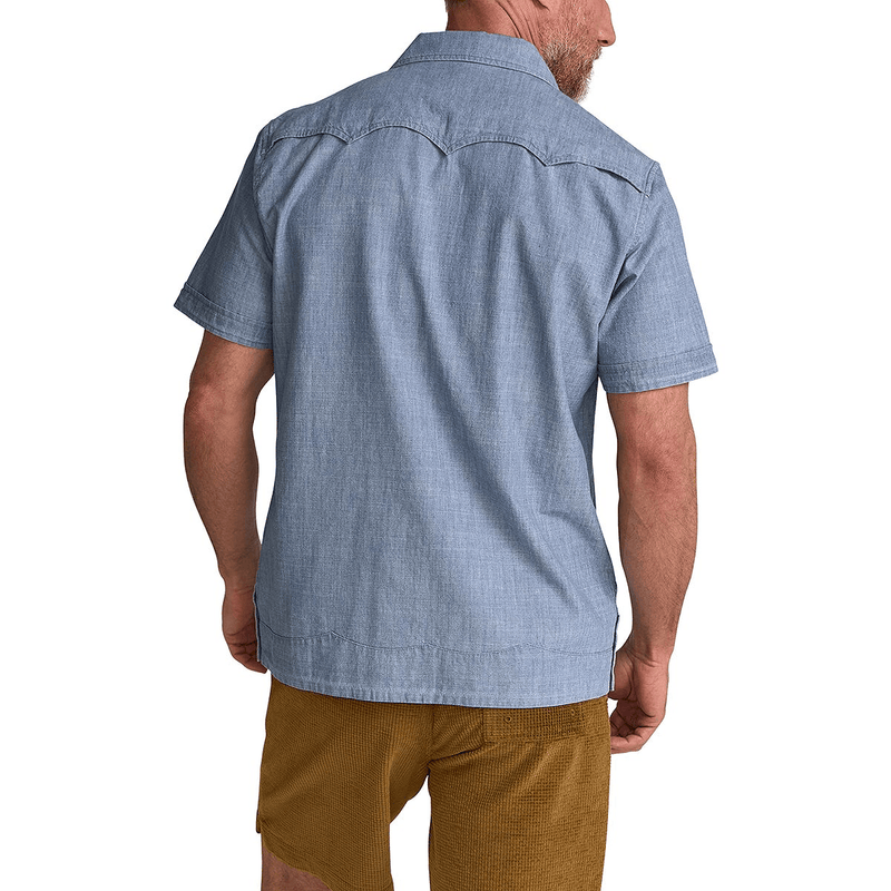 Load image into Gallery viewer, Howler Brothers Guayabera Shirt - Pictographs Washed Indigo Chambray
