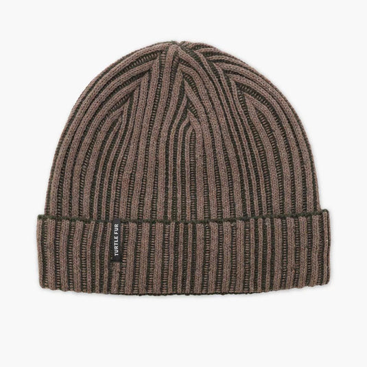 Brown ribbed knit beanie with a brand label on a light gray background