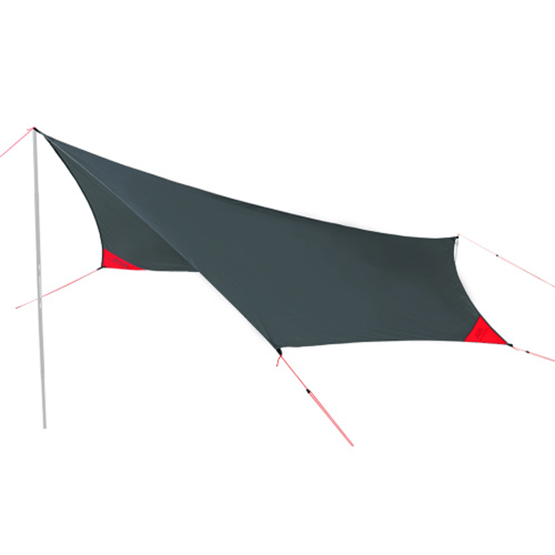Load image into Gallery viewer, A dark gray triangular tarp shelter with red corner accents and a white support pole, shown against a plain white background.
