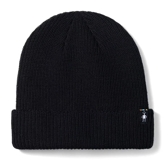 Black beanie with a small logo on a white background