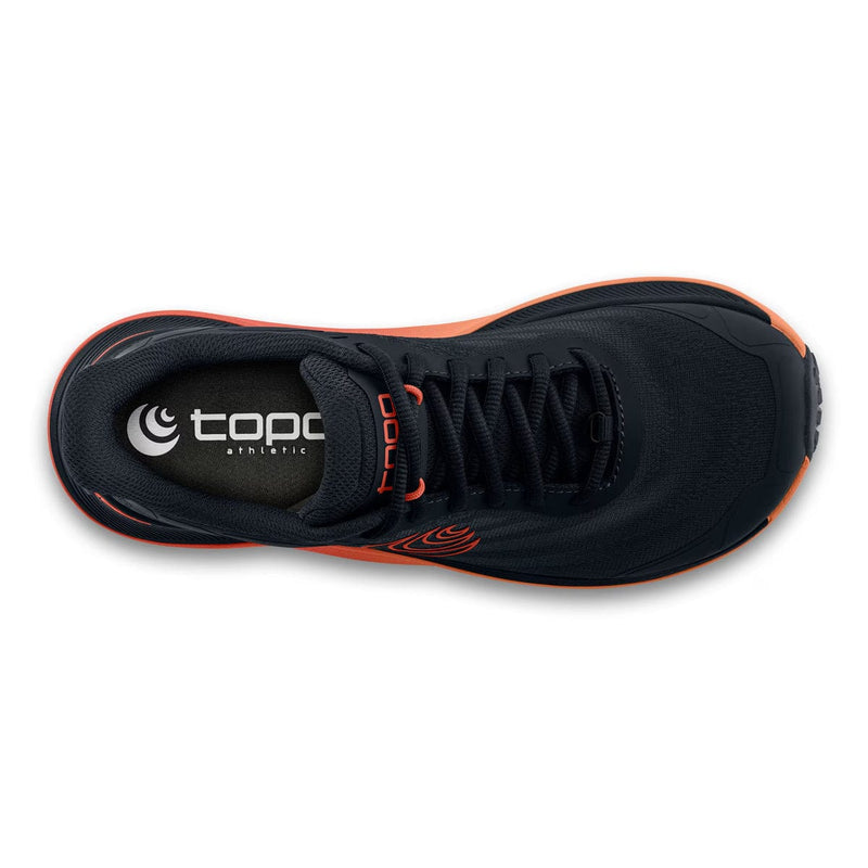 Load image into Gallery viewer, Black athletic shoe with orange accents on a white background
