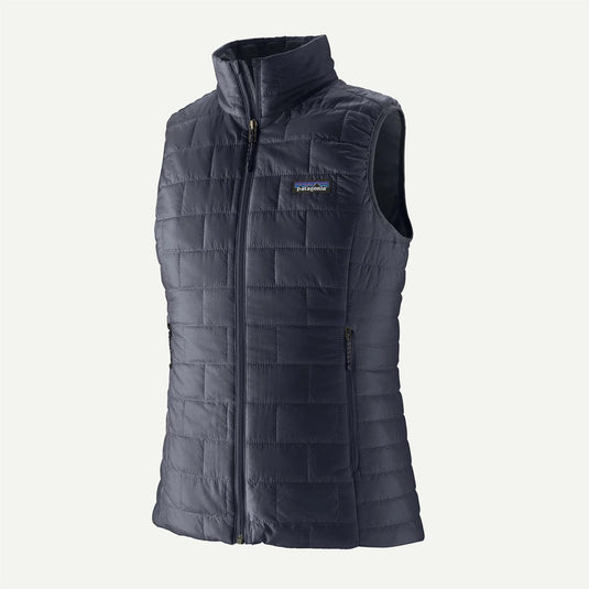 Dark gray quilted vest with Patagonia logo on a white background