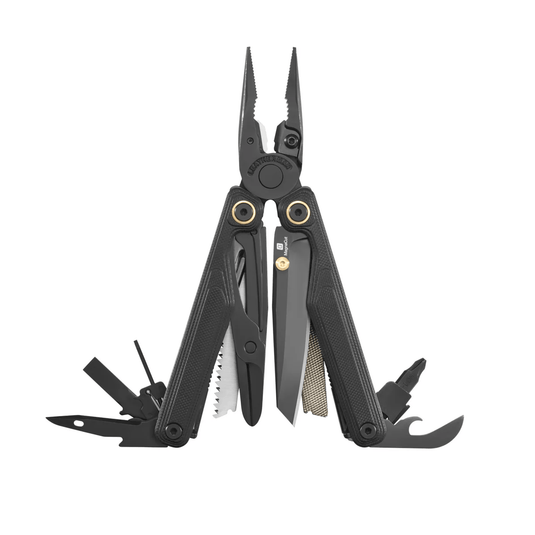 Black multi-tool with various components on a white background