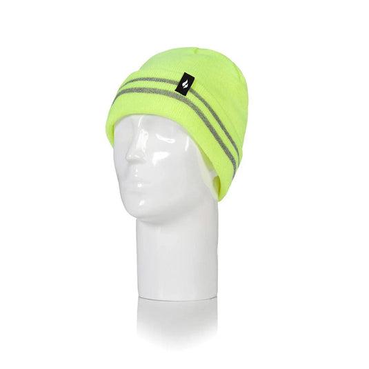 Neon green beanie with reflective strip on a mannequin head against a white background