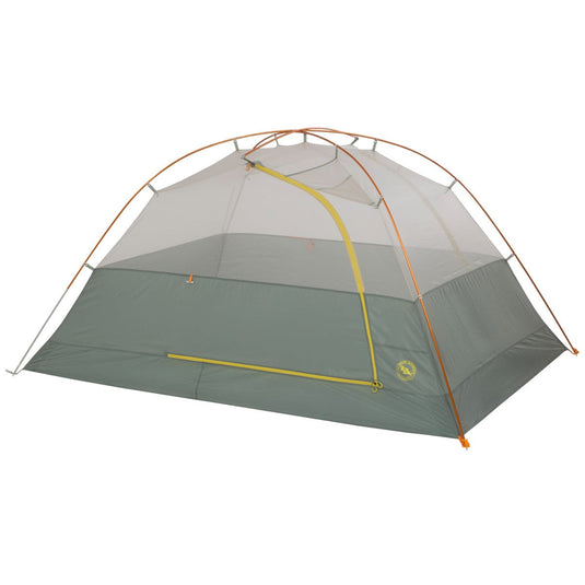 Two-person tent with gray and orange color scheme on a white background