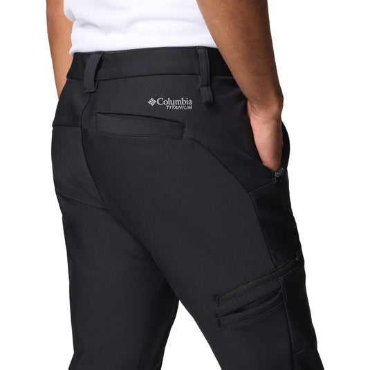 Black pants with Columbia Titanium logo on a white background
