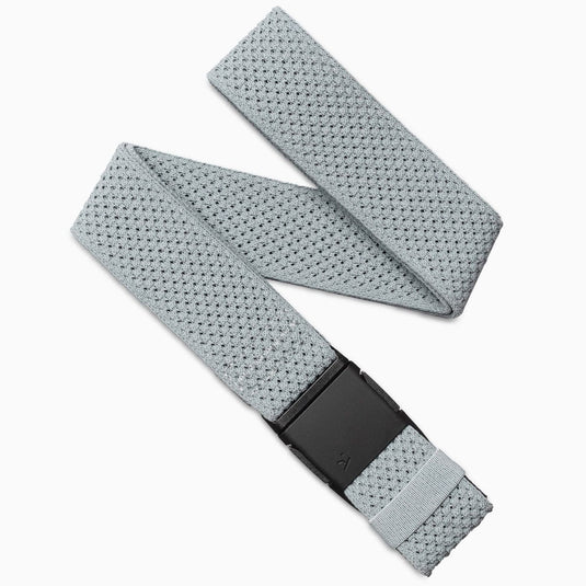 Gray woven belt with a black buckle on a white background