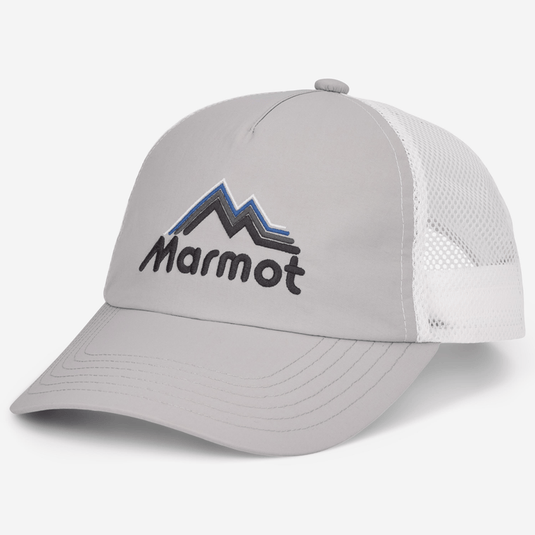 Gray and white cap with Marmot logo on a white background