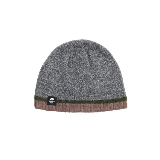 Gray knit beanie with brown band on a white background
