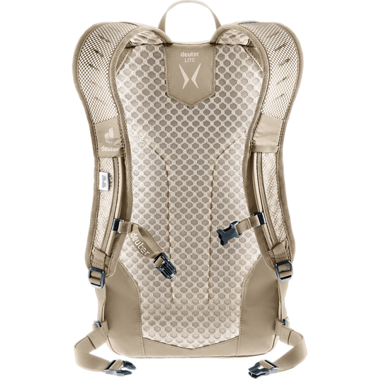 Beige backpack with mesh back panel on a white background