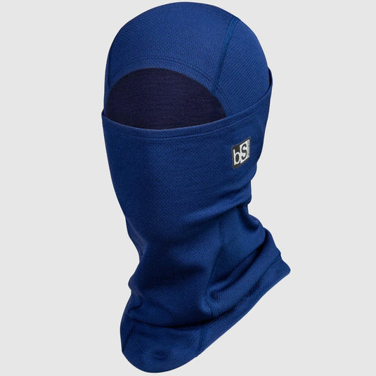 Blue balaclava with a brand logo on a light gray background