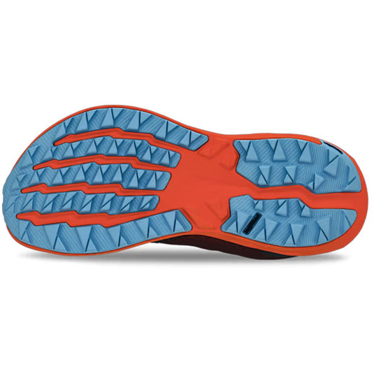 Close-up of a shoe sole with red and blue tread pattern on a white background