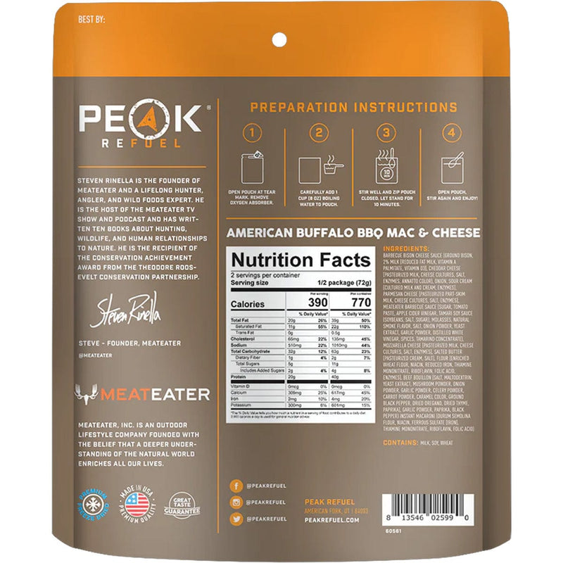 Load image into Gallery viewer, Peak Refuel American Buffalo BBQ Mac &amp; Cheese package with nutritional information and preparation instructions.
