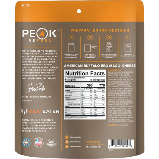 Peak Refuel American Buffalo BBQ Mac & Cheese package with nutritional information and preparation instructions.