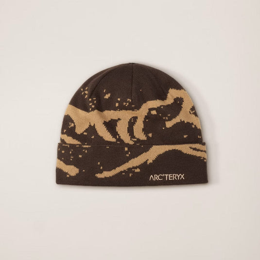 Brown and beige beanie with 'Arc'teryx' logo on a light gray background