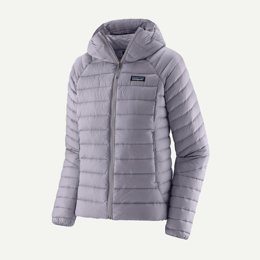 Gray puffer jacket with a brand logo on a white background