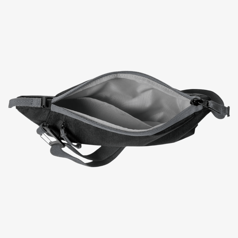 Load image into Gallery viewer, Black waist bag with a zipper on a white background
