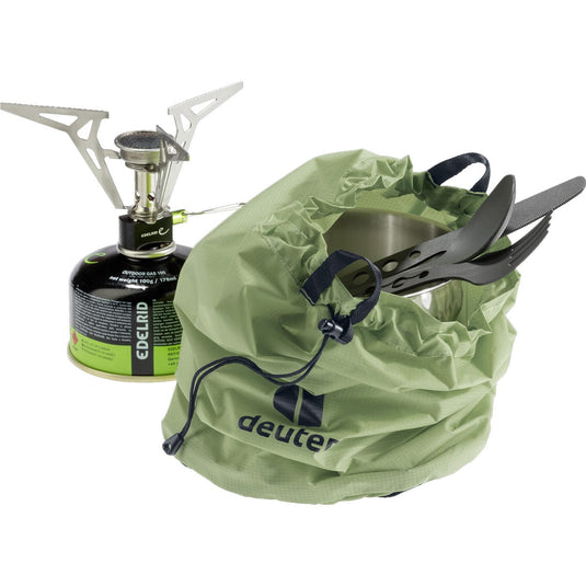 Camping stove with accessories and Edelrid fuel canister on a white background