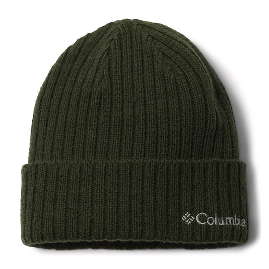 Green beanie with Columbia logo on a white background
