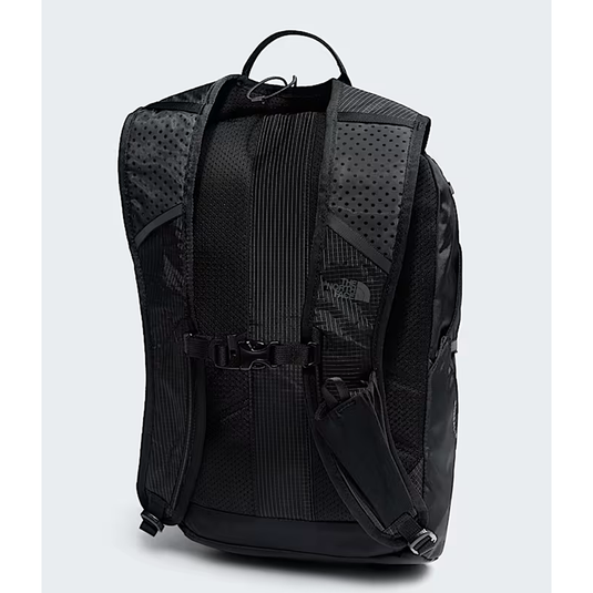 Black backpack on a light gray background