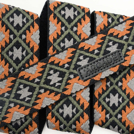 Close-up of a patterned product with 'Arcade' branding on a white background