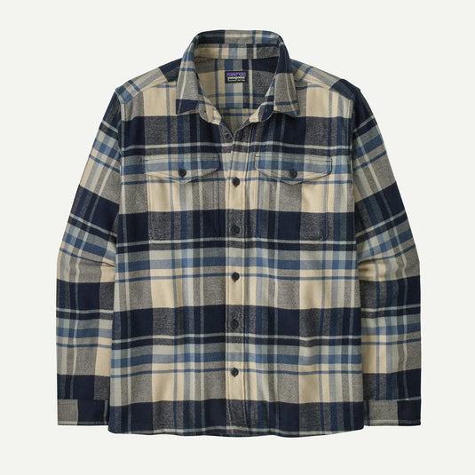 Plaid shirt with blue and beige pattern on a white background